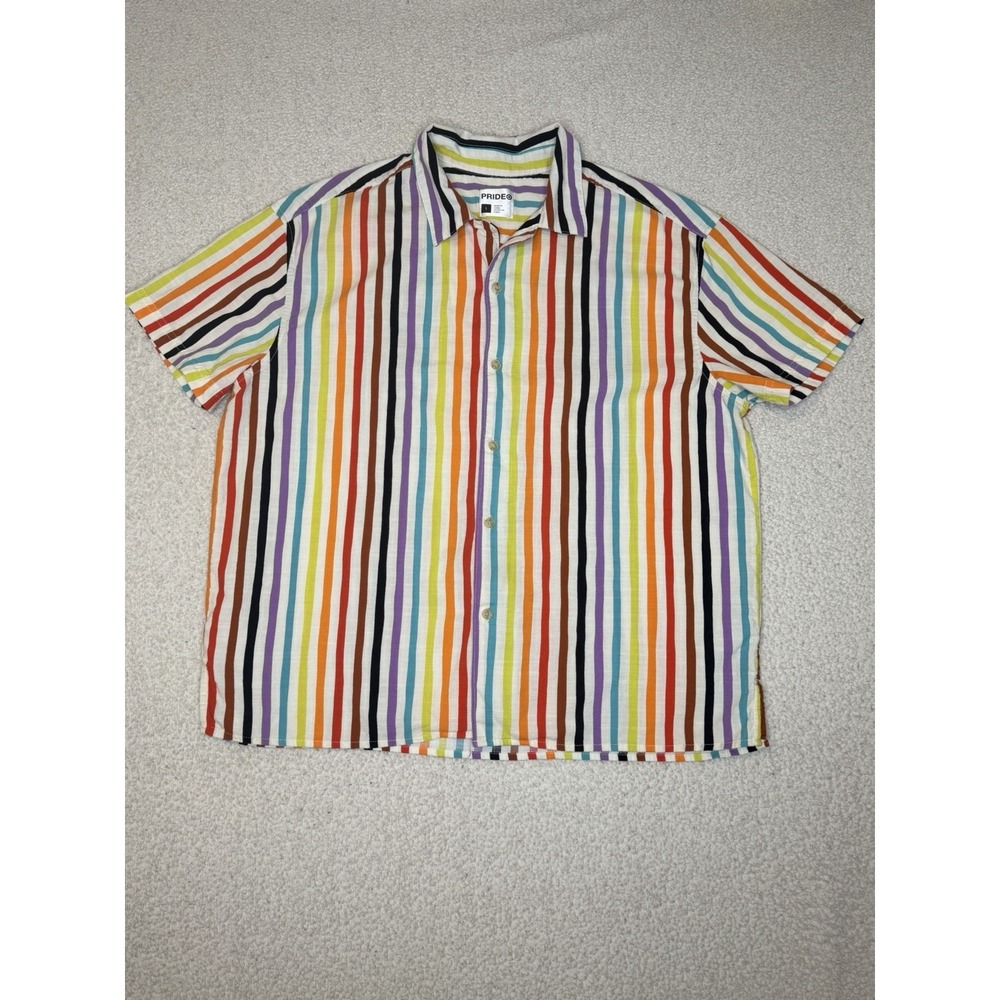 Mens Pride Rainbow Stripe Button Up Shirt Size L Short Sleeve Colorful